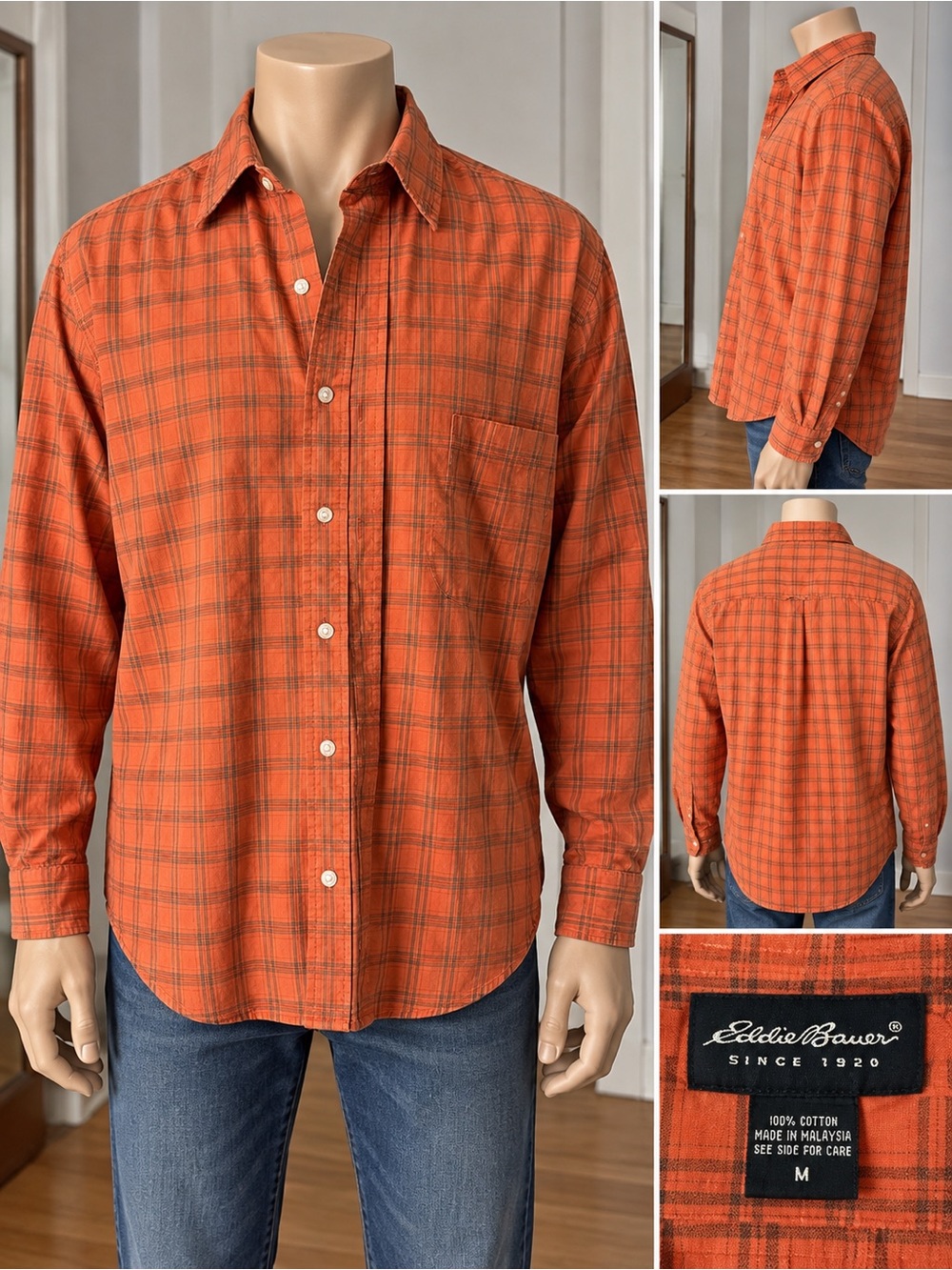 Eddie Bauer Orange Plaid Cotton Button-Down Shirt